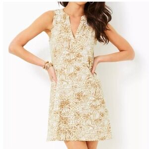 Lilly Pulitzer Pima Cotton Sleeveless V-Neck Shift Dress Gold White Palm Small